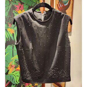 VINTAGE 60's style Black Sleeveless Top Beading & Floral Embroidery - Size 14
